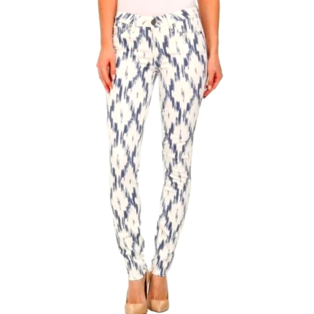 PAIGE Verdugo Ultra Skinny  Blue and White Pants with Geometric Print Size 27 - Picture 1 of 8